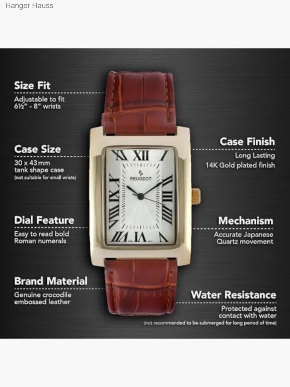Vintage Tank Shape 14K Gold Plated Wrist Watch with Roman Numeral Dial